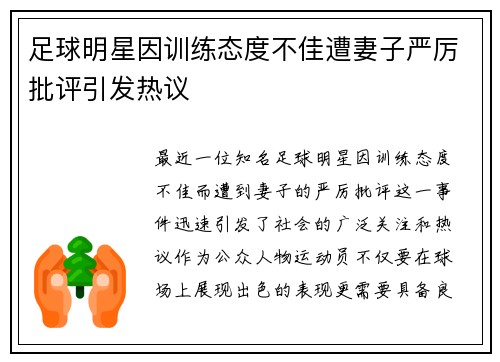 足球明星因训练态度不佳遭妻子严厉批评引发热议